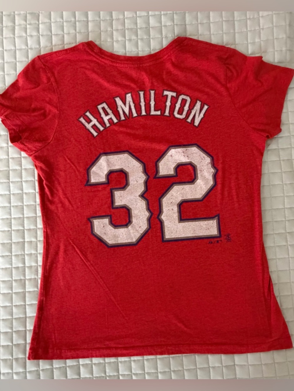 Texas Rangers Josh Hamilton #32 Red T-Shirt | Majestic | Women’s Large